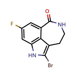Chemical structure of 2-bromo-6-fluoro-3,10-diazatricyclo[6.4.1.04,13]trideca-1,4,6,8(13)-tetraen-9-one , CAS 283173-80-8, AChemBlock X186363