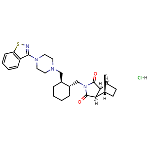 Chemical structure of (1R,2S,3R,4S)-N-[(1R,2R)-2-[4-(1,2-benzisothiazol-3-yl)-1-piperazinylmethyl]-1-cyclohexylmethyl]-2,3-bicyclo[2.2.1]heptanedicarboxyimide hydrochloride , CAS 367514-88-3, AChemBlock X186493