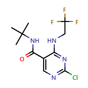 Chemical structure of 2-Chloro-N-(1,1-dimethylethyl)-4-[(2,2,2-trifluoroethyl)amino]-5-pyrimidinecarboxamide , CAS 389605-99-6, AChemBlock X186525