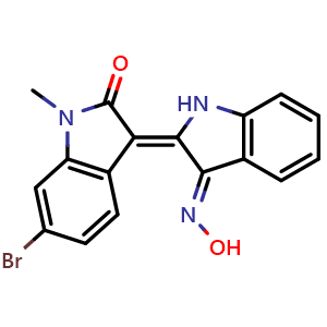 Chemical structure of (2Z,3E)-6'-bromo-3-(hydroxyimino)-1'-methyl-[2,3'-biindolinylidene]-2'-one , CAS 667463-95-8, AChemBlock X186837