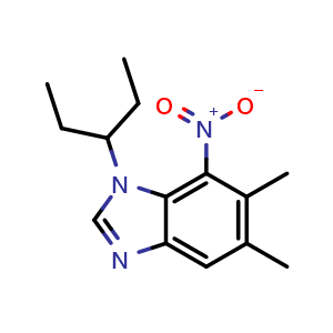 Chemical structure of 5,6-dimethyl-7-nitro-1-pentan-3-ylbenzimidazole , CAS 73215-11-9, AChemBlock X186893