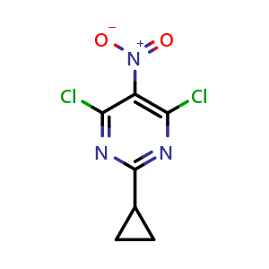 Chemical structure of 2-cyclopropyl-4,6-dichloro-5-nitro-pyrimidine , CAS 75438-78-7, AChemBlock X186921