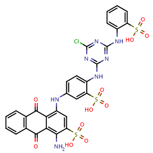Chemical structure of 1-amino-4-[4-[[4-chloro-6-(2-sulfoanilino)-1,3,5-triazin-2-yl]amino]-3-sulfoanilino]-9,10-dioxoanthracene-2-sulfonic acid , CAS 84166-13-2, AChemBlock X186986