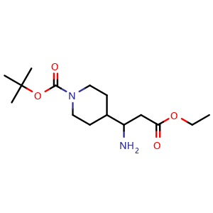 Chemical structure of 4-(1-Amino-2-ethoxycarbonyl-ethyl)-piperidine-1-carboxylic acid tert-butyl ester , CAS 886362-37-4, AChemBlock X187049