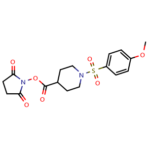 Chemical structure of 1-[({1-[(4-Methoxyphenyl)sulfonyl]piperidin-4-yl}carbonyl)oxy]pyrrolidine-2,5-dione , CAS 903853-23-6, AChemBlock X187070