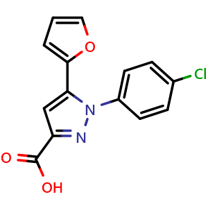 Chemical structure of 1-(4-chlorophenyl)-5-(furan-2-yl)-1H-pyrazole-3-carboxylic acid , CAS 956769-53-2, AChemBlock X187156