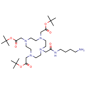 Chemical structure of tri-tert-butyl 2,2',2''-(10-(2-((4-aminobutyl)amino)-2-oxoethyl)-1,4,7,10-tetraazacyclododecane-1,4,7-triyl)triacetate , CAS 1402393-59-2, AChemBlock X187182