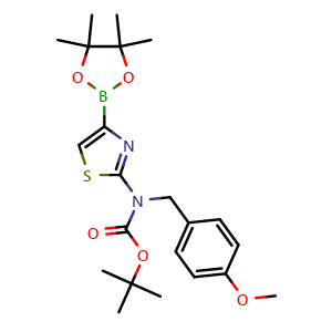 Chemical structure of tert-butyl (4-methoxybenzyl)(4-(4,4,5,5-tetramethyl-1,3,2-dioxaborolan-2-yl)thiazol-2-yl)carbamate , CAS 2253869-40-6, AChemBlock X187189