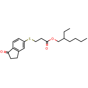 Chemical structure of 2-Ethylhexyl 3-((1-oxo-2,3-dihydro-1H-inden-5-yl)thio)propanoate , CAS 1889287-97-1, AChemBlock X187318