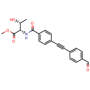 Chemical structure of (2S,3R)-Methyl 2-(4-((4-formylphenyl)ethynyl)benzamido)-3-hydroxybutanoate , CAS 728878-11-3, AChemBlock X187326