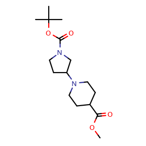 Chemical structure of Methyl 1-(1-(tert-butoxycarbonyl)pyrrolidin-3-yl)piperidine-4-carboxylate , CAS 2113311-45-6, AChemBlock X187335
