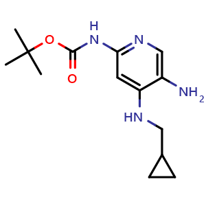 Chemical structure of tert-butyl (5-amino-4-((cyclopropylmethyl)amino)pyridin-2-yl)carbamate , CAS 1956327-73-3, AChemBlock X187428