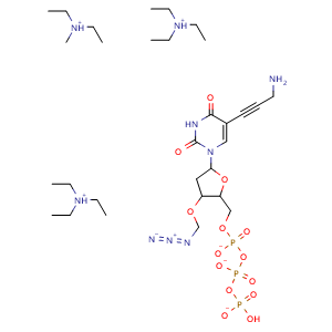 Chemical structure of N-ethyl-N-methylethanaminium bis(triethylammonium) (5-(5-(3-aminoprop-1-yn-1-yl)-2,4-dioxo-3,4-dihydropyrimidin-1(2H)-yl)-3-(azidomethoxy)tetrahydrofuran-2-yl)methyl hydrogen triphosphate , AChemBlock X187438