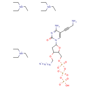 Chemical structure of triethylammonium (5-(4-amino-5-(3-aminoprop-1-yn-1-yl)-2-oxopyrimidin-1(2H)-yl)-3-(azidomethoxy)tetrahydrofuran-2-yl)methyl hydrogen triphosphate , AChemBlock X187439