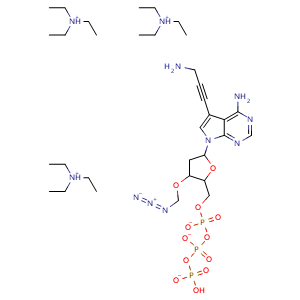 Chemical structure of triethylammonium (5-(4-amino-5-(3-aminoprop-1-yn-1-yl)-7H-pyrrolo[2,3-d]pyrimidin-7-yl)-3-(azidomethoxy)tetrahydrofuran-2-yl)methyl hydrogen triphosphate , AChemBlock X187440