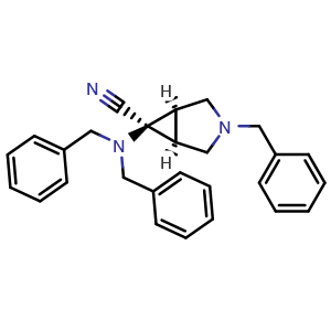 Chemical structure of 3a,4b,5a-1-benzyl-4-(dibenzylamino)-3,5-cyclopiperidine-4-carbonitrile , CAS 164799-11-5, AChemBlock X187490