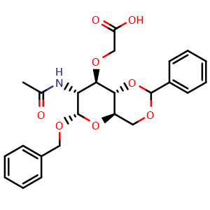 Chemical structure of Benzyl2-acetamido-4,6-O-benzylidene-3-O-(carboxymethyl)-2-deoxy-a-D-glucopyranoside , CAS 14595-22-3, AChemBlock X187491