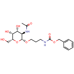 Chemical structure of benzyl (3-(((2R,3R,4R,5R,6R)-3-acetamido-4,5-dihydroxy-6-(hydroxymethyl)tetrahydro-2H-pyran-2-yl)oxy)propyl)carbamate , CAS 143918-34-7, AChemBlock X187524