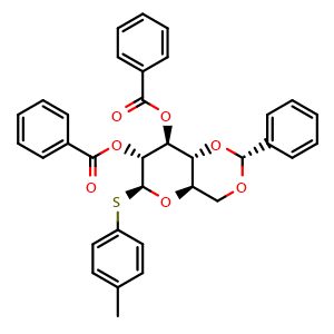 Chemical structure of (2R,4aR,6S,7R,8S,8aR)-2-phenyl-6-(p-tolylthio)hexahydropyrano[3,2-d][1,3]dioxine-7,8-diyl dibenzoate , CAS 323195-40-0, AChemBlock X187567