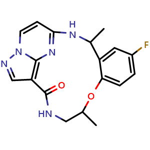 Chemical structure of (13E,14E)-45-fluoro-3,6-dimethyl-5-oxa-2,8-diaza-1(5,3)-pyrazolo[1,5-a]pyrimidina-4(1,2)-benzenacyclononaphan-9-one , AChemBlock X187571