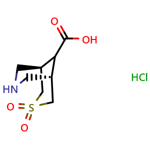 Chemical structure of Rel-(1R,5S,9s)-3-thia-7-azabicyclo[3.3.1]nonane-9-carboxylic acid 3,3-dioxide hydrogen chloride , AChemBlock X187586