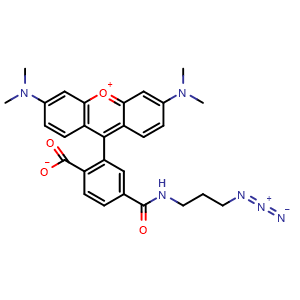 Chemical structure of 4-((3-azidopropyl)carbamoyl)-2-(3,6-bis(dimethylamino)xanthylium-9-yl)benzoate , CAS 1192590-89-8, AChemBlock X187601
