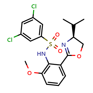 Chemical structure of (S)-3,5-dichloro-N-(2-(4-isopropyl-4,5-dihydrooxazol-2-yl)-6-methoxyphenyl)benzenesulfonamide , CAS 1197180-62-3, AChemBlock X187620