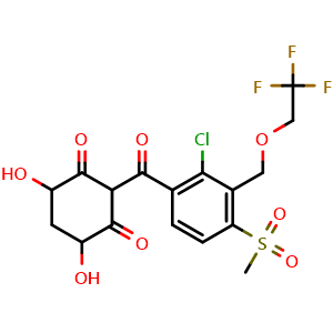 Chemical structure of 2-[2-Chloro-4-(methylsulfonyl)-3-[(2,2,2-trifluoroethoxy)methyl]benzoyl]-4,6-dihydroxy-1,3-cyclohexanedione , CAS 912654-91-2, AChemBlock X187622