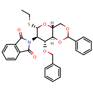 Chemical structure of 2-((4aR,6S,7R,8R,8aS)-8-(benzyloxy)-6-(ethylthio)-2-phenylhexahydropyrano[3,2-d][1,3]dioxin-7-yl)isoindoline-1,3-dione , CAS 129519-27-3, AChemBlock X187646