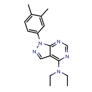 Chemical structure of 1-(3,4-dimethylphenyl)-N,N-diethylpyrazolo[3,4-d]pyrimidin-4-amine , CAS 890887-69-1, AChemBlock X187712