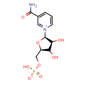 Chemical structure of ((2R,3S,4R,5R)-5-(3-carbamoylpyridin-1-ium-1-yl)-3,4-dihydroxytetrahydrofuran-2-yl)methyl hydrogen phosphate , CAS 1094-61-7, AChemBlock X187717