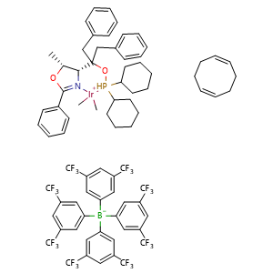 Chemical structure of ((4R,5R)-(+)-O-[1-Benzyl-1-(5-methyl-2-phenyl-4,5-dihydrooxazol-4-yl)-2-phenylethyl] (dicyclohexylphosphinite)(1,5-COD)iridium(I) tetrakis(3,5-bis(trifluoromethyl)phenylborate , CAS 880262-14-6, AChemBlock X187723