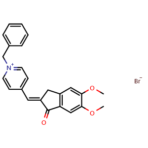 Chemical structure of (E)-1-benzyl-4-((5,6-dimethoxy-1-oxo-1,3-dihydro-2H-inden-2-ylidene)methyl)pyridin-1-ium bromide , CAS 1648840-37-2, AChemBlock X187725