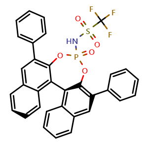 Chemical structure of (11BS)-1,1,1-trifluoro-N-(4-oxido-2,6-diphenyldinaphtho[2,1-d:1',2'-f][1,3,2]dioxaphosphepin-4-yl)methanesulfonamide , CAS 908338-42-1, AChemBlock X187757