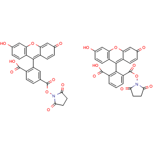Chemical structure of 5(6)-Carboxyfluorescein N-hydroxysuccinimide ester , CAS 117548-22-8, AChemBlock X187793