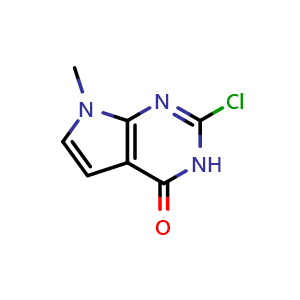 Chemical structure of 2-chloro-7-methyl-3,7-dihydro-4H-pyrrolo[2,3-d]pyrimidin-4-one , CAS 1377432-78-4, AChemBlock X188316