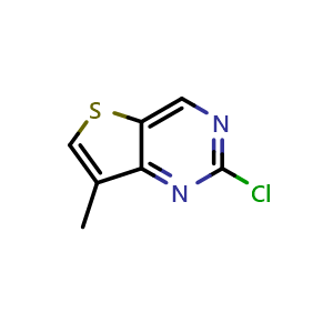 Chemical structure of 2-chloro-7-methylthieno[3,2-d]pyrimidine , CAS 1355963-58-4, AChemBlock X188324