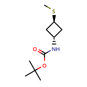 Chemical structure of tert-butyl trans-N-(3-methylsulfanylcyclobutyl)carbamate , CAS 2639187-41-8, AChemBlock X188597