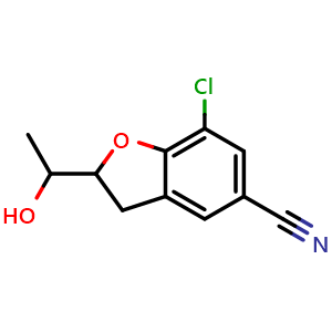Chemical structure of 7-chloro-2-(1-hydroxyethyl)-2,3-dihydrobenzofuran-5-carbonitrile , CAS 1047648-62-3, AChemBlock X188654
