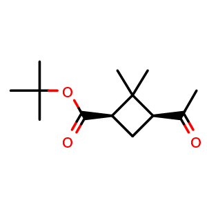 Chemical structure of tert-butyl (1R,3S)-3-acetyl-2,2-dimethylcyclobutane-1-carboxylate , CAS 1616705-59-9, AChemBlock X188680