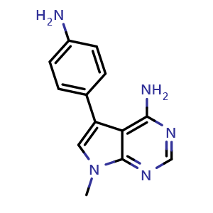 Chemical structure of 5-(4-aminophenyl)-7-methyl-7H-pyrrolo[2,3-d]pyrimidin-4-amine , CAS 1770824-08-2, AChemBlock X188814