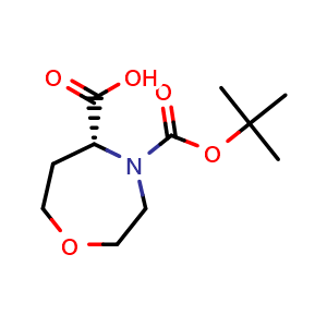 Chemical structure of (5R)-4-tert-butoxycarbonyl-1,4-oxazepane-5-carboxylic acid , CAS 2165380-89-0, AChemBlock X188867