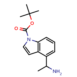 Chemical structure of tert-butyl 4-(1-aminoethyl)-1H-indole-1-carboxylate , CAS 1708268-11-4, AChemBlock X188976