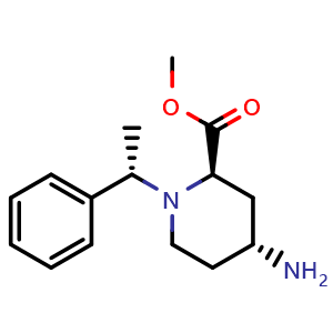 Chemical structure of methyl (2R,4R)-4-amino-1-((S)-1-phenylethyl)piperidine-2-carboxylate , CAS 327996-40-7, AChemBlock X188992