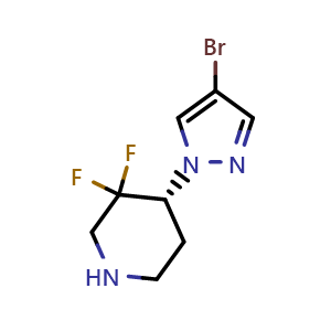 Chemical structure of (R)-4-(4-bromo-1H-pyrazol-1-yl)-3,3-difluoropiperidine , CAS 1534350-68-9, AChemBlock X189016