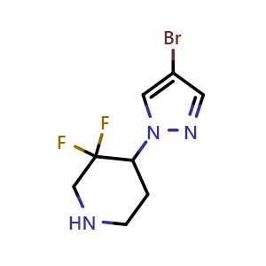 Chemical structure of 4-(4-bromo-1H-pyrazol-1-yl)-3,3-difluoropiperidine , CAS 1534350-68-9, AChemBlock X189018