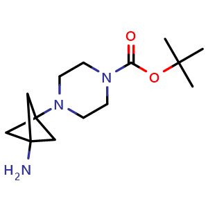 Chemical structure of tert-butyl 4-{3-aminobicyclo[1.1.1]pentan-1-yl}piperazine-1-carboxylate , CAS 2227205-38-9, AChemBlock X189028