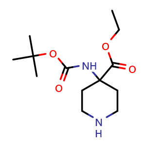 Chemical structure of 4-tert-Butoxycarbonylamino-piperidine-4-carboxylic acid ethyl ester , CAS 956460-98-3, AChemBlock X189064