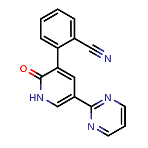 Chemical structure of 2-[2-Oxo-5-(2-pyrimidinyl)-1,2-dihydro-3-pyridyl]benzonitrile , CAS 1996640-84-6, AChemBlock X189072