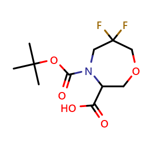 Chemical structure of 4-tert-butoxycarbonyl-6,6-difluoro-1,4-oxazepane-3-carboxylic acid , CAS 2940940-50-9, AChemBlock X189109